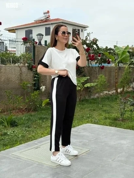 Kadın Kısa Kollu Modal Dokulu Kumaş Yanı şeritli Takım ürün görseli 1