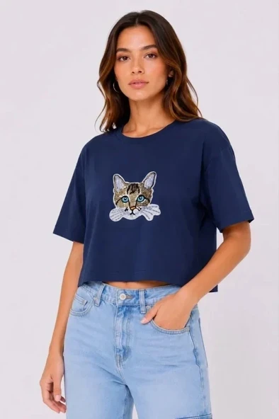 Kedi Baskılı Oversize Crop Tişört Salaş Basic Yarım Kol T-shirt - Lacivert ürün görseli 1