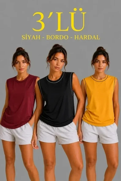 3’lü Kolsuz Sporcu Atlet Seti Yazlık Bisiklet Yaka - Siyah, Bordo, Hardal ürün görseli 1