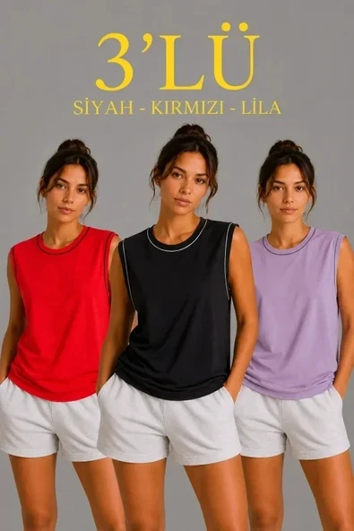 3’lü Kolsuz Sporcu Atlet Seti Yazlık Bisiklet Yaka - Siyah, Kırmızı, Lila ürün görseli 1