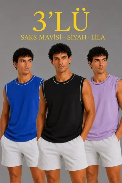 Erkek 3’lü Kolsuz Sporcu Atlet Seti Yazlık Bisiklet Yaka - Siyah, Lila, Saks Mavisi ürün görseli 1