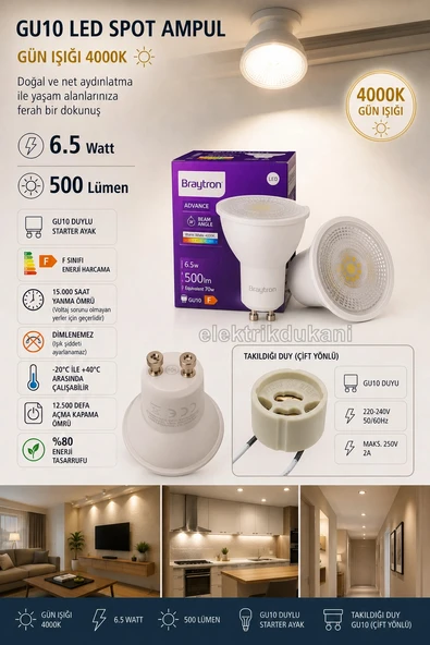 BRAYTRON 6.5w GÜNIŞIĞI GU10 Duylu Çanak Led Spot Ampul 4000k (Starter Duylu) 220 Volt 6.5 Watt ürün görseli 1