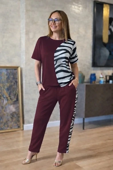 Kadın Kısa Kollu Bisiklet Yaka Zebra Desen Bluz Ve Pantolon Ikili Takım ürün görseli 1
