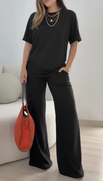 Kadın Kısa Kollu Bisiklet Yaka Viskon Iki Iplik Bluz Ve Pantolon Ikili Takım ürün görseli 1