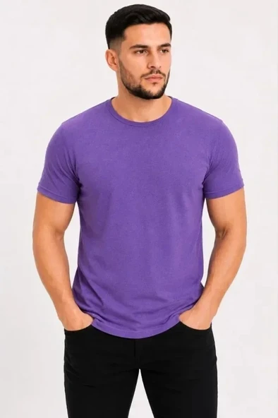 Erkek Basic Tişört Bisiklet Yaka Kısa Kol Günlük Yazlık Slim Fit T-Shirt - Mor ürün görseli 1