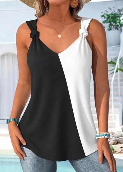 Kadın Askılı V Yakalı çift Renkli Askıları Bağcık Detaylı Bürümcük Bluz ürün görseli 1