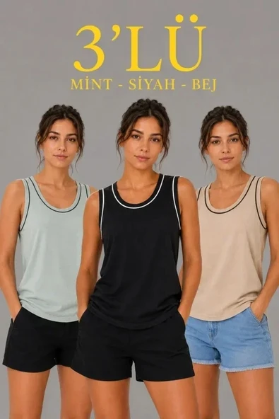 3’lü Kolsuz Sporcu Atlet Seti Yazlık Bisiklet Yakalı - Mint Yeşili, Siyah, Bej ürün görseli 1