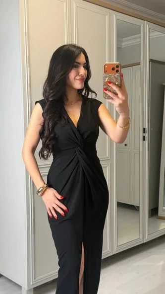 Kadın Kısa Kollu V Yakalı önü Sarmal Detaylı Yırtmaçlı Sandy Midi Elbise ürün görseli 1
