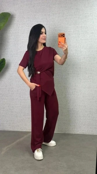Kadın Kısa Kollu Bisiklet Yaka Yandan Toka Detaylı Viskon Iki Iplik Bluz Ve Pantolon Ikili Takım ürün görseli 1