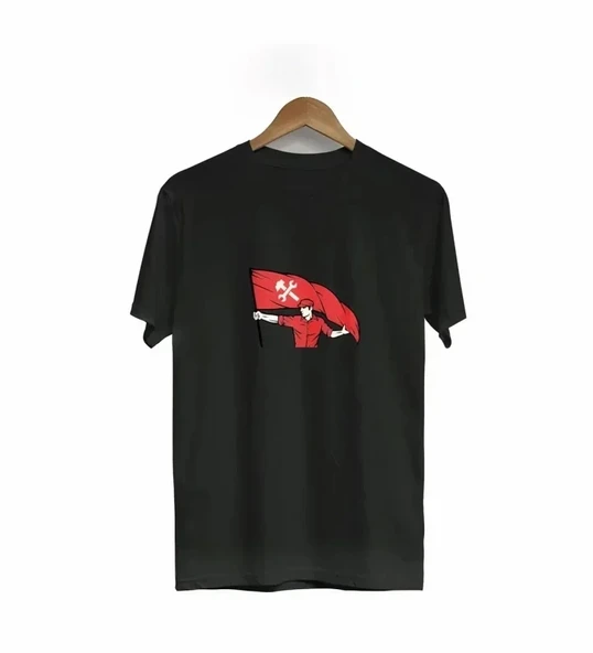 1 Mayıs Emek Ve Dayanışma Bayraklı Emekçi Baskılı Bisiklet Yaka T-shirt - Siyah ürün görseli 1