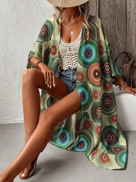 Kadın Kısa Kollu önü Açık Belden Kuşaklı Uzun Kimono ürün görseli 1