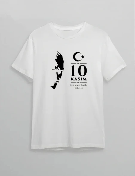 10 Kasım Atatürk Anma Günü Silüet Baskılı Oversize Bisiklet Yaka T-shirt - Beyaz ürün görseli 1