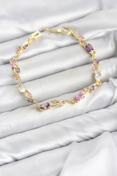 Pirinç Gold Renk Pembe ve Mor Zirkon Taşlı Çiçek Model Kadın Bileklik ürün görseli 1