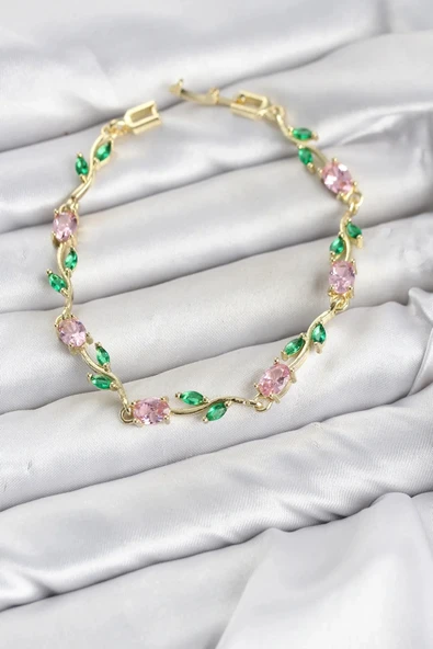 Pirinç Gold Renk Pembe Zirkon Taşlı Çiçek Model Kadın Bileklik ürün görseli 1