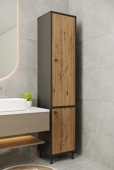 AEKA AE-2028 Soft 2 Kapaklı Çok Amaçlı Dolap 40x180 cm Raflı Dar Yüksek Boy Banyo Çok Bölmeli Depolama Dolabı ürün görseli 1
