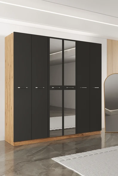 AEKA AE-2191 Hisar Aynalı 6 Kapaklı Çok Bölmeli Askılı ve Raflı Geniş Hacimli Gardırop 210x210 cm ürün görseli 1