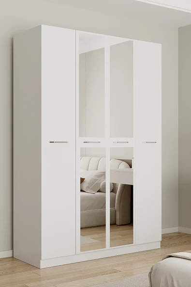 AEKA AE-3191 Burç Aynalı 4 Kapaklı Çok Bölmeli Askılı Raflı ve Çekmeceli 210x140x53cm Gardırop ürün görseli 1