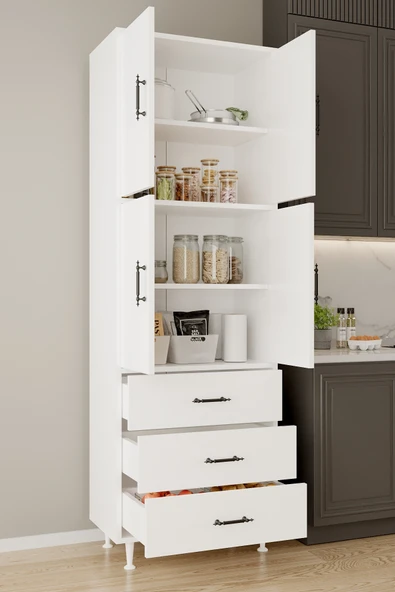 AEKA AE-3020 Irmak 4 Kapaklı Çok Amaçlı Dolap 3 Çekmeceli Raflı Mutfak Kiler Banyo 195x63x35 Çok Amaçlı Dolap ürün görseli 1