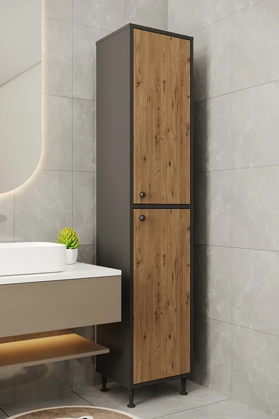 AEKA AE-2027 Lina 2 Kapaklı Çok Amaçlı Dolap 40x180 cm Raflı Dar Yüksek Boy Banyo Çok Bölmeli Depolama Dolabı ürün görseli 1