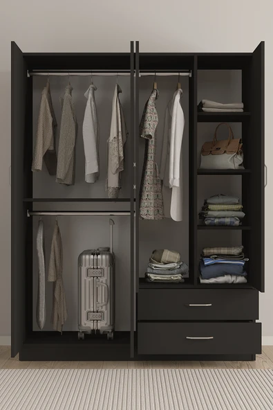 AEKA AE-1077 Terra 4 Kapaklı 2 Çekmeceli 3 Askılıklı Raflı 140x182x53 cm Gardırop ürün görseli 1