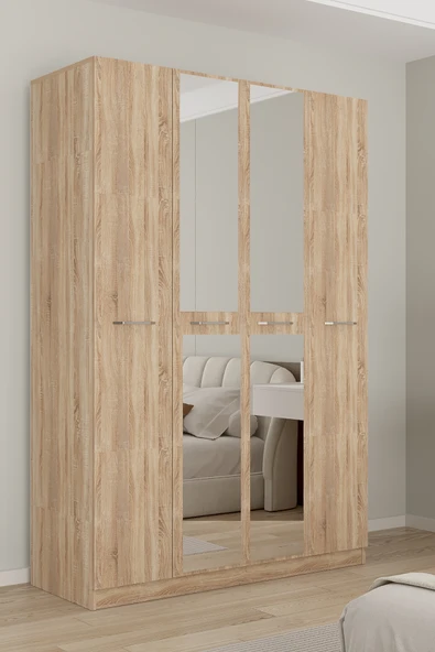 AEKA AE-3191 Burç Aynalı 4 Kapaklı Çok Bölmeli Askılı Raflı ve Çekmeceli 210x140x53cm Gardırop ürün görseli 1
