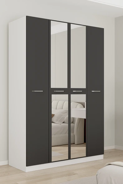 AEKA AE-3191 Burç Aynalı 4 Kapaklı Çok Bölmeli Askılı Raflı ve Çekmeceli 210x140x53cm Gardırop ürün görseli 1
