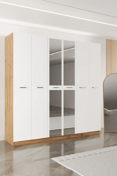 AEKA AE-2191 Hisar Aynalı 6 Kapaklı Çok Bölmeli Askılı ve Raflı Geniş Hacimli Gardırop 210x210 cm ürün görseli 1