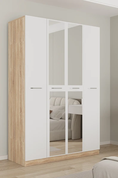 AEKA AE-3191 Burç Aynalı 4 Kapaklı Çok Bölmeli Askılı Raflı ve Çekmeceli 210x140x53cm Gardırop ürün görseli 1