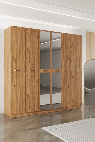 AEKA AE-2191 Hisar Aynalı 6 Kapaklı Çok Bölmeli Askılı ve Raflı Geniş Hacimli Gardırop 210x210 cm ürün görseli 1