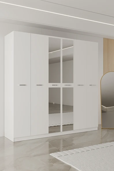 AEKA AE-2191 Hisar Aynalı 6 Kapaklı Çok Bölmeli Askılı ve Raflı Geniş Hacimli Gardırop 210x210 cm ürün görseli 1