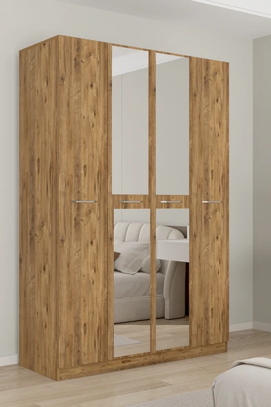 AEKA AE-3191 Burç Aynalı 4 Kapaklı Çok Bölmeli Askılı Raflı ve Çekmeceli 210x140x53cm Gardırop ürün görseli 1