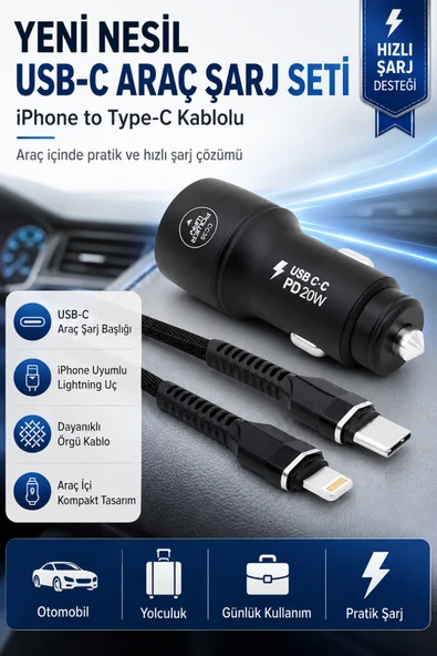 Yeni Nesil USB-C Araç Şarj Seti iPhone to Type-C Kablolu PD18W Hızlı Şarj Destekli Araç İçi Şarj Cihazı ürün görseli 1