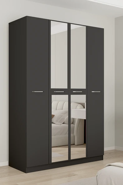 AEKA AE-3191 Burç Aynalı 4 Kapaklı Çok Bölmeli Askılı Raflı ve Çekmeceli 210x140x53cm Gardırop ürün görseli 1