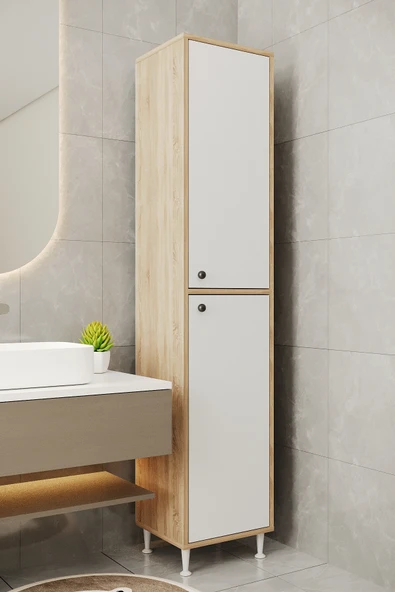 AEKA AE-2027 Lina 2 Kapaklı Çok Amaçlı Dolap 40x180 cm Raflı Dar Yüksek Boy Banyo Çok Bölmeli Depolama Dolabı ürün görseli 1