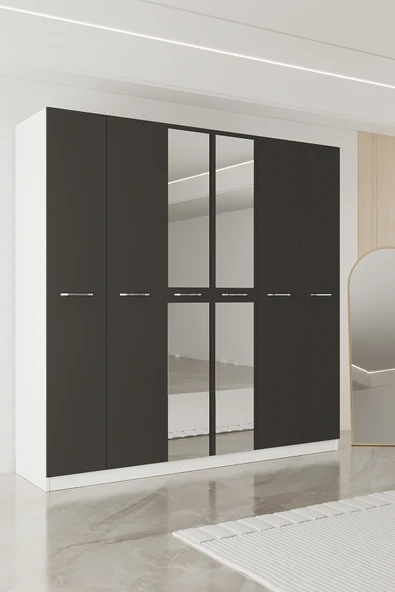 AEKA AE-2191 Hisar Aynalı 6 Kapaklı Çok Bölmeli Askılı ve Raflı Geniş Hacimli Gardırop 210x210 cm ürün görseli 1