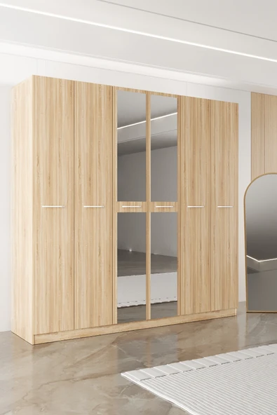 AEKA AE-2191 Hisar Aynalı 6 Kapaklı Çok Bölmeli Askılı ve Raflı Geniş Hacimli Gardırop 210x210 cm ürün görseli 1