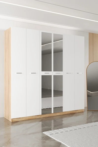 AEKA AE-2191 Hisar Aynalı 6 Kapaklı Çok Bölmeli Askılı ve Raflı Geniş Hacimli Gardırop 210x210 cm ürün görseli 1