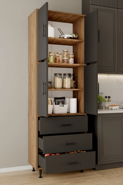 AEKA AE-3020 Irmak 4 Kapaklı Çok Amaçlı Dolap 3 Çekmeceli Raflı Mutfak Kiler Banyo 195x63x35 Çok Amaçlı Dolap ürün görseli 1