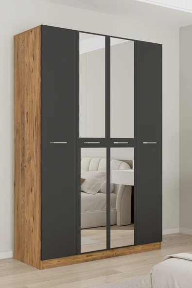 AEKA AE-3191 Burç Aynalı 4 Kapaklı Çok Bölmeli Askılı Raflı ve Çekmeceli 210x140x53cm Gardırop ürün görseli 1