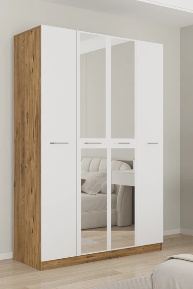 AEKA AE-3191 Burç Aynalı 4 Kapaklı Çok Bölmeli Askılı Raflı ve Çekmeceli 210x140x53cm Gardırop ürün görseli 1