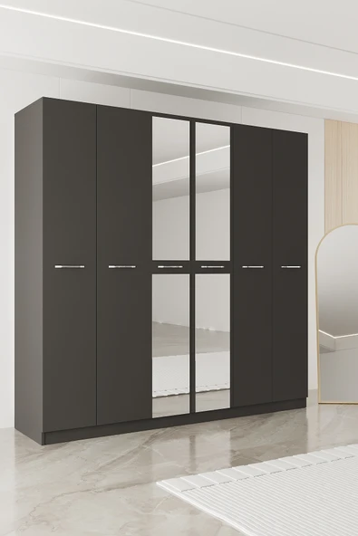 AEKA AE-2191 Hisar Aynalı 6 Kapaklı Çok Bölmeli Askılı ve Raflı Geniş Hacimli Gardırop 210x210 cm ürün görseli 1