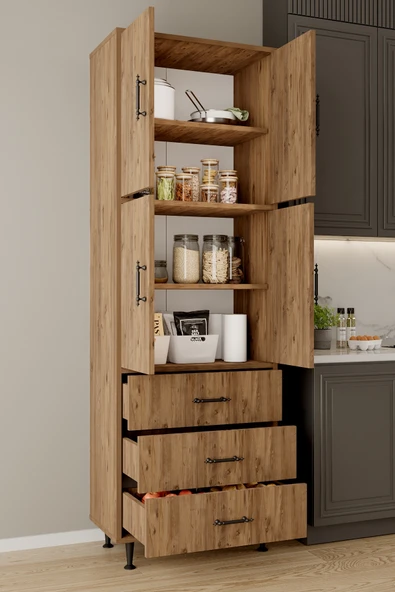 AEKA AE-3020 Irmak 4 Kapaklı Çok Amaçlı Dolap 3 Çekmeceli Raflı Mutfak Kiler Banyo 195x63x35 Çok Amaçlı Dolap ürün görseli 1
