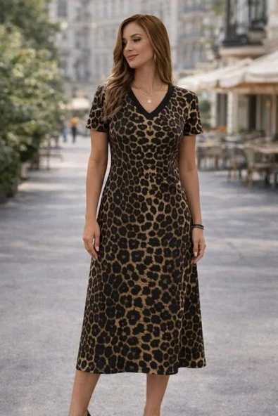 Kadın Kısa Kollu V Yakalı Leopar Desenli Kısa Süprem Elbise ürün görseli 1