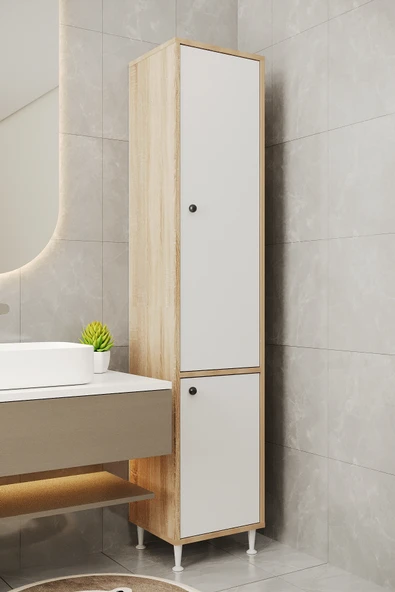 AEKA AE-2028 Soft 2 Kapaklı Çok Amaçlı Dolap 40x180 cm Raflı Dar Yüksek Boy Banyo Çok Bölmeli Depolama Dolabı ürün görseli 1