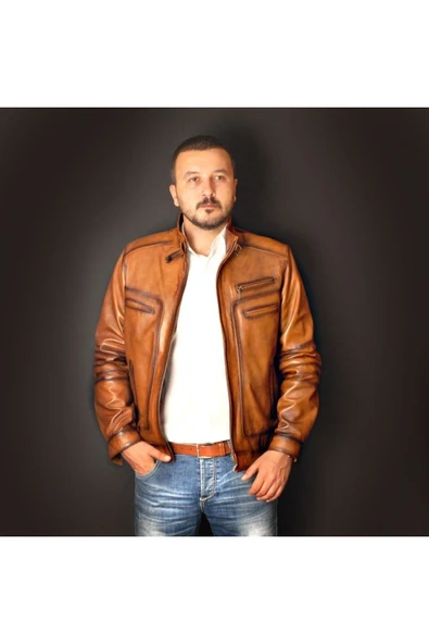 Hakiki Deri Taba Erkek Deri Mont Dört Cepli Fermuarlı Deri Ceket ürün görseli 1