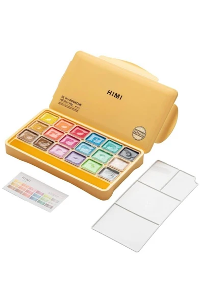 HIMI Jelly Cup Gouache Set 18 Renk x 30 gr Metalik Renk Guaj Boya (Yellow Case) ürün görseli 1