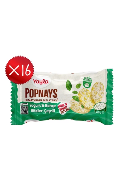 Yayla Popnays Yoğurt ve Bahçe Bitkileri Çeşnili Mısır ve Pirinç Patlağı 68 g x16 ürün görseli 1