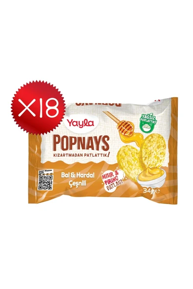 Yayla Popnays Bal ve Hardal Çeşnili Mısır ve Pirinç Patlağı 34 g x18 ürün görseli 1