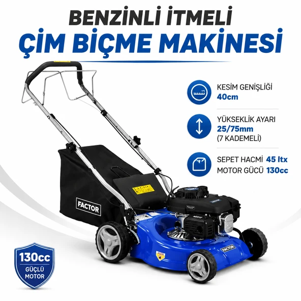 Benzinli İtmeli Çim Biçme Makinesi Makinası 130CC 40cm Kesim 45 Lt Sepet 7 Kademe 25-75mm Çelik Şase ürün görseli 1