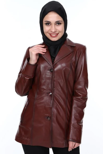 Hakiki Kuzu Derisi Bordo Önden Düğmeli Kadın Ceket ürün görseli 1